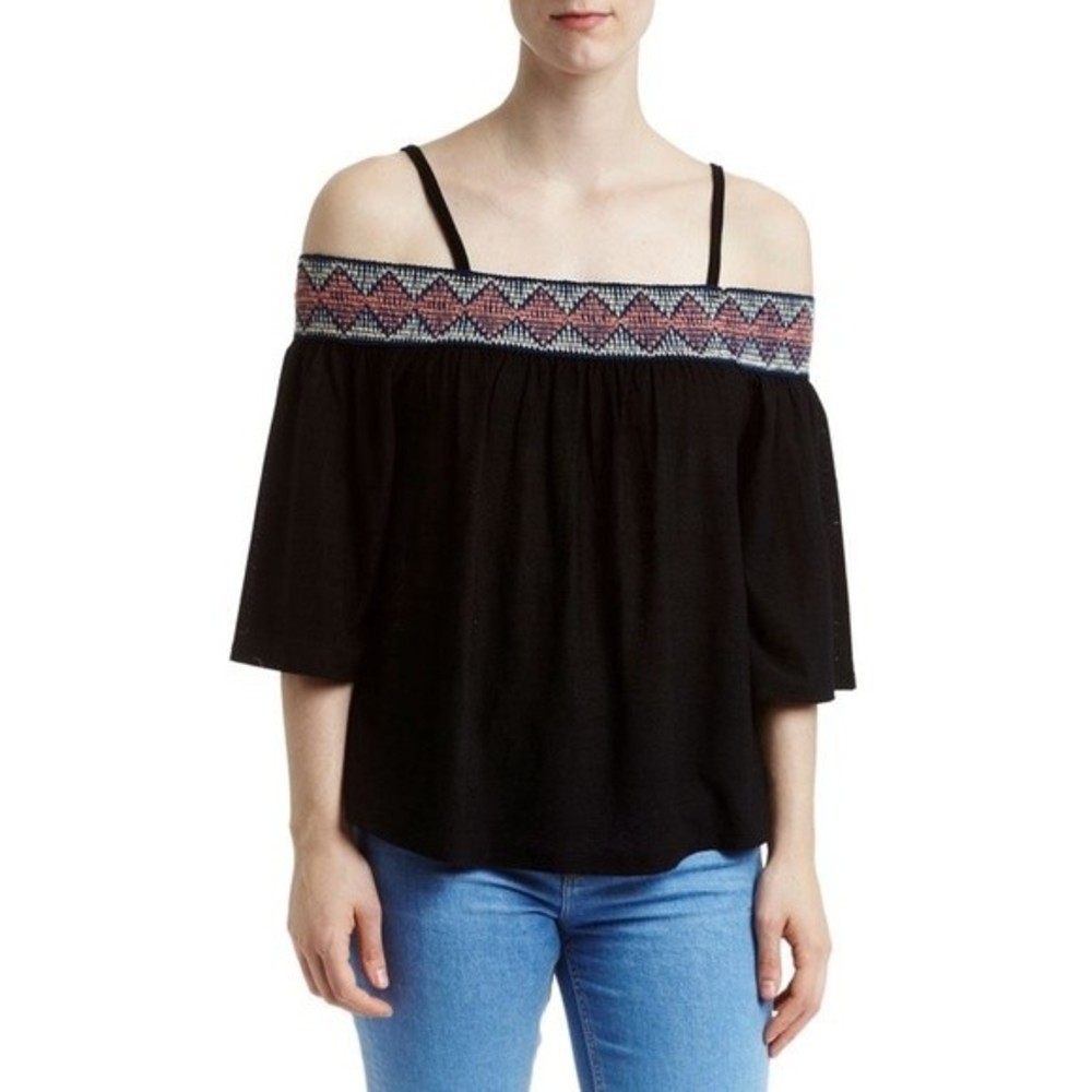Derek Heart Shirred Off the Shoulder Tribal Border Flowy Blouse Top Size Medium